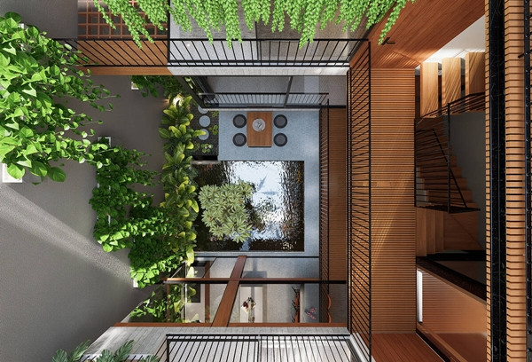 Các mảng thông tầng và tường rỗng đóng vai trò quan trọng trong việc điều hòa không khí, giảm bức xạ nhiệt. Ảnh: Tran Trung Architects