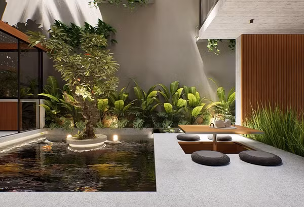 Hệ sinh thái trong nhà bao gồm cá Koi và cây thủy sinh, tạo thành một mối quan hệ cộng sinh, duy trì sự cân bằng sinh thái. Ảnh: Tran Trung Architects