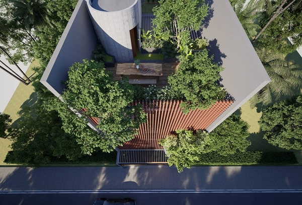 Không khí nóng từ bên ngoài được làm mát nhờ tính thẩm thấu nước của gạch nung truyền thống, với hệ thống phun sương làm ẩm gạch, giúp duy trì nhiệt độ mát mẻ suốt cả năm. Ảnh: Tran Trung Architects