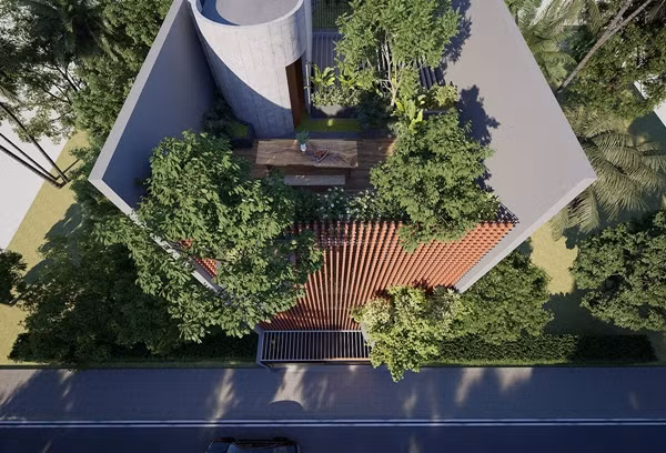 Không khí nóng từ bên ngoài được làm mát nhờ tính thẩm thấu nước của gạch nung truyền thống, với hệ thống phun sương làm ẩm gạch, giúp duy trì nhiệt độ mát mẻ suốt cả năm. Ảnh: Tran Trung Architects