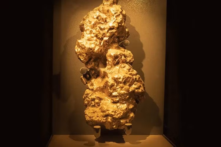 Cục vàng lớn thứ hai nặng 69 kg cũng được phát hiện ở Victoria, Úc. Năm 1858, hai thợ mỏ Cornwall đã tìm thấy khối vàng cục trên mái của một đường hầm khai thác của Công ty khai thác Red Hill. Ảnh: Sovereign Hill