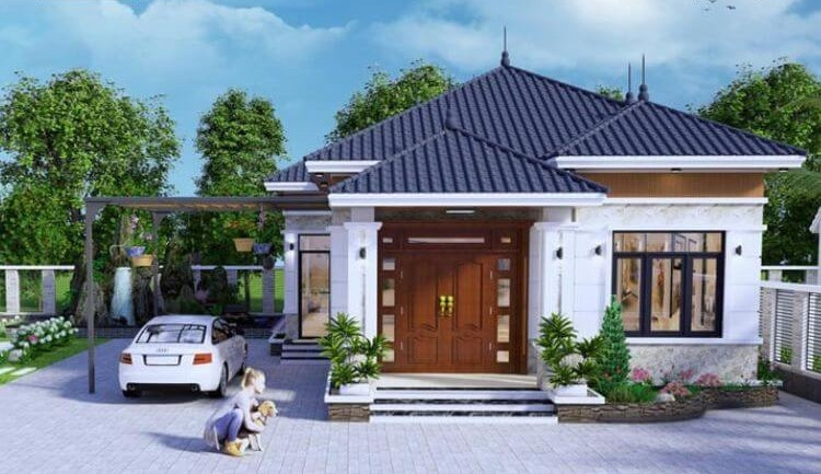 Mẫu nhà cấp 4 mái Nhật có gara là lựa chọn lý tưởng cho những gia đình có xe ô tô. Gara thường được thiết kế bên hông và phía trước để thuận tiện trong việc di chuyển. Ảnh: Tostemvietnam