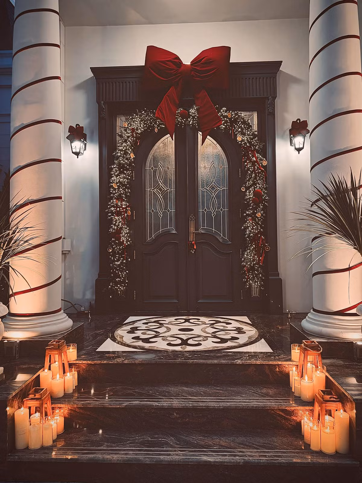 Bên ngoài cửa ra vào cũng gắn nơ, kết hoa, đặt nến tạo cảm giác ấm cúng. Ảnh: FB Đoàn Di Băng