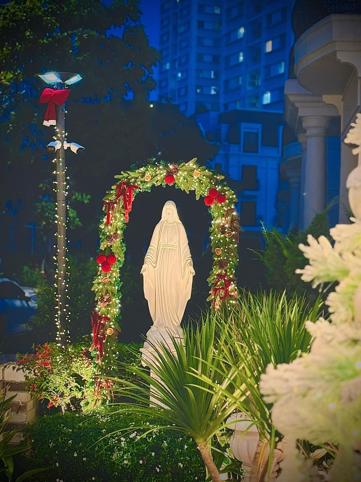 Sân vườn bao quanh nhà giăng đèn lấp lánh mang đến vẻ đẹp lung linh, huyền ảo. Ảnh: FB Đoàn Di Băng