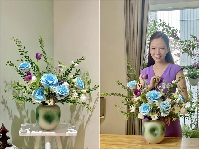 Với những bó hoa, lãng hoa được tặng, Đan Lê chơi hoa ngày đầu rồi rút ra cắm lại. Kể cả hoa lá ngắn cỡ gang tay, cô cũng vẫn biết phối trộn hợp lý để có bình hoa đẹp ngắm hết tuần. Ảnh: FB Nguyen Dan Le