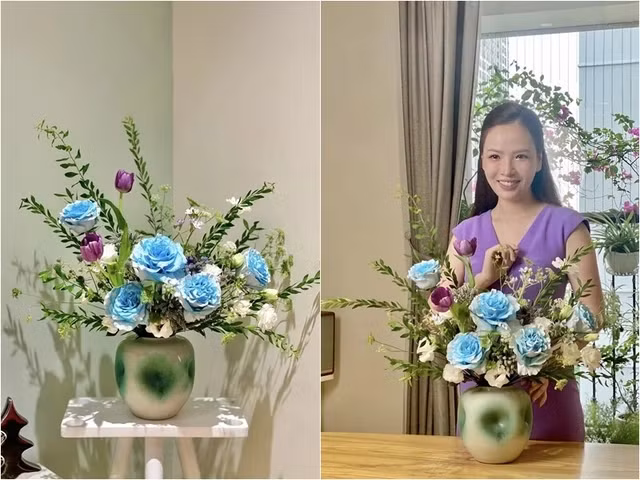 Với những bó hoa, lãng hoa được tặng, Đan Lê chơi hoa ngày đầu rồi rút ra cắm lại. Kể cả hoa lá ngắn cỡ gang tay, cô cũng vẫn biết phối trộn hợp lý để có bình hoa đẹp ngắm hết tuần. Ảnh: FB Nguyen Dan Le