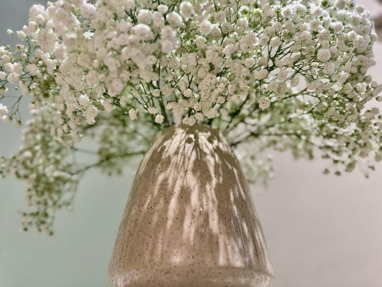 MC Đan Lê cũng chia sẻ bí kíp cắm hoa baby: "Quay đầu hoa xuống dưới, thân lên trên khi gỡ cành, cắt tỉa sẽ đỡ gãy rối hơn". Ảnh: FB Nguyen Dan Le