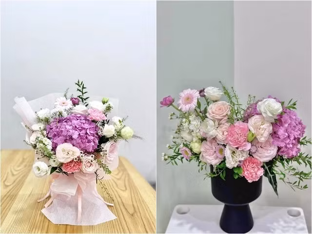 Nữ BTV còn trổ tài cắm lại hoa từ những bó được tặng bằng cách phối lại, cắm xốp đổ đầy nước bên trong vẫn giữ được 4, 5 ngày nữa. Ảnh: FB Nguyen Dan Le