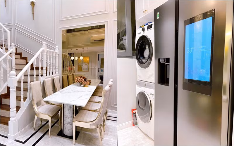 Bàn ăn được bố trí cạnh cầu thang. Trong nhà, Văn Thanh sắm nhiều thiết bị hiện đại như máy sấy, máy giặt... Ảnh: Người đưa tin