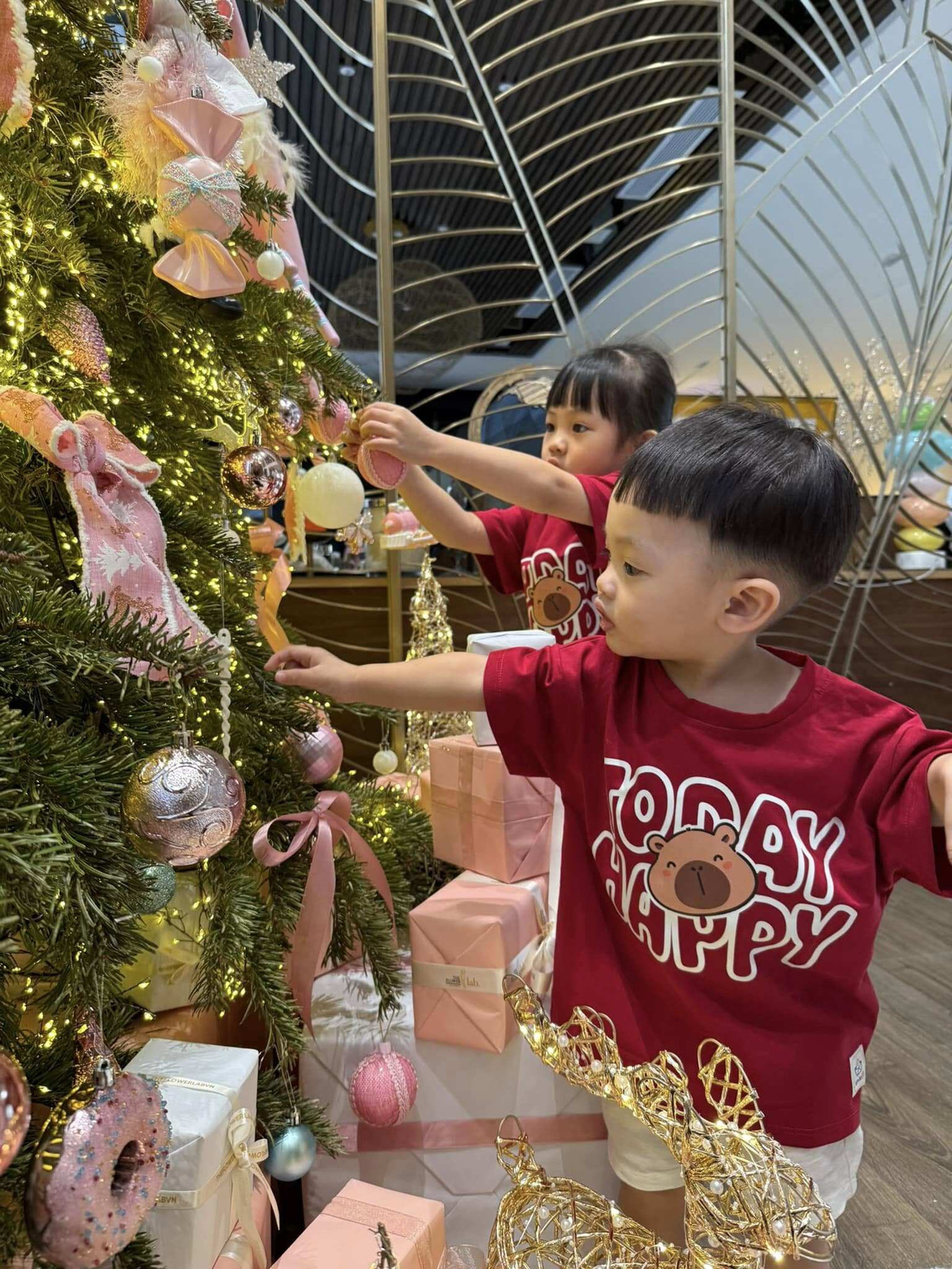 Dưới cây thông là rất nhiều hộp quà có màu sắc bắt mắt. Ảnh: FB Đàm Thu Trang