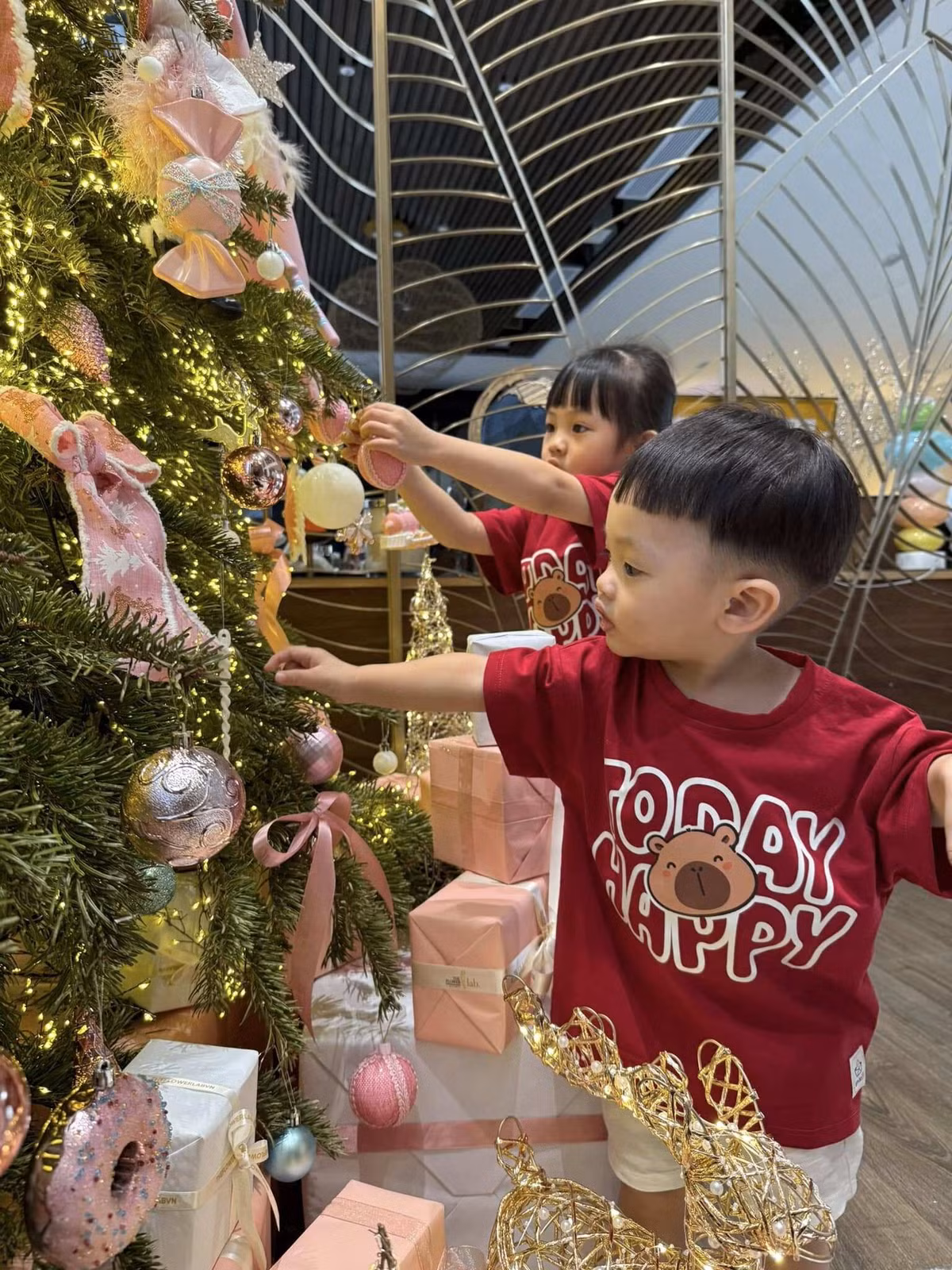 Dưới cây thông là rất nhiều hộp quà có màu sắc bắt mắt. Ảnh: FB Đàm Thu Trang