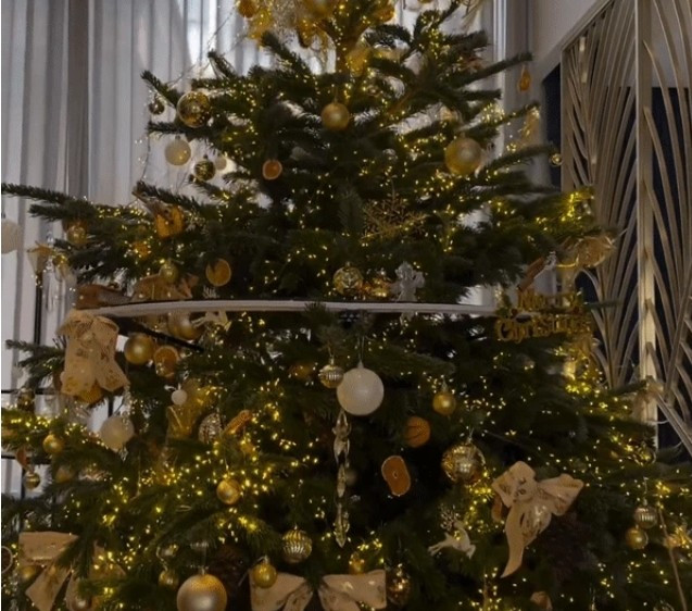 Cây thông cao khoảng 2 mét, trang trí nhiều đèn led màu vàng ở bên trong các tán lá để làm nổi bật dáng và các phụ kiện trang trí bên trên. Ảnh: FB Đàm Thu Trang