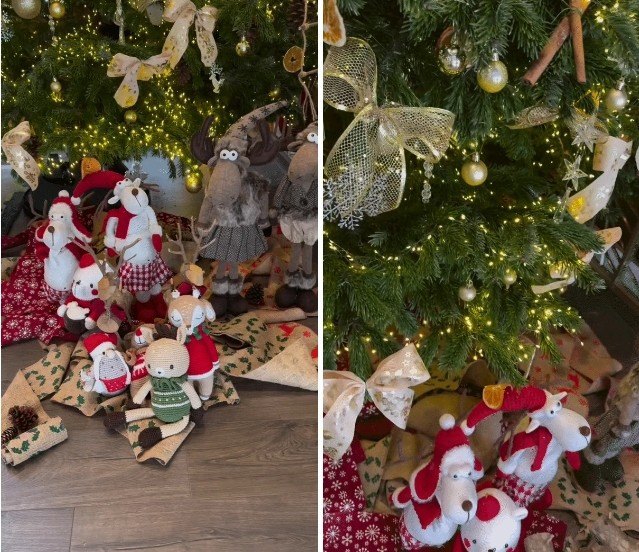 Dưới gốc cây thông đặt nhiều món đồ chơi và gấy bông xinh xắn. Ảnh: FB Đàm Thu Trang