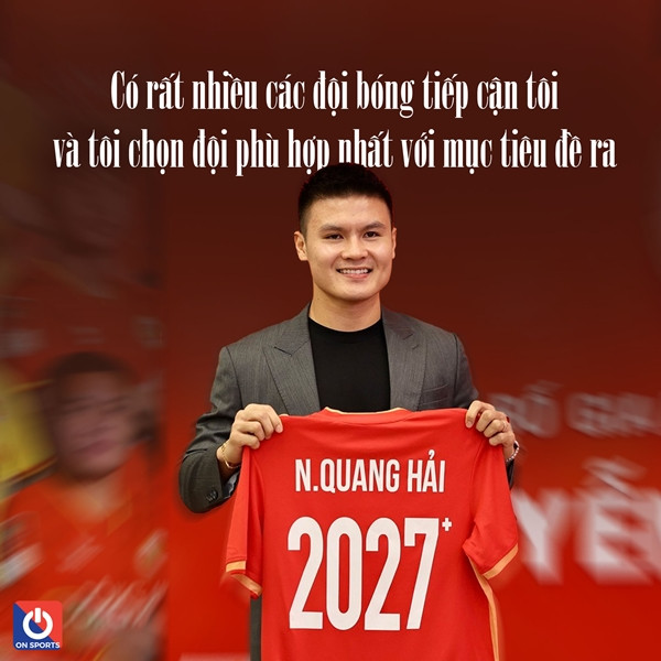 Trước thềm mùa giải 2024-2025, Quang Hải gia hạn ba năm với CLB CAHN. Nhiều thông tin cho rằng cầu thủ quê Đông Anh (Hà Nội) nhận lót tay 27 tỷ đồng (9 tỷ đồng mỗi mùa) khi ký hợp đồng mới với đội bóng ngành công an. Ảnh: On Sports