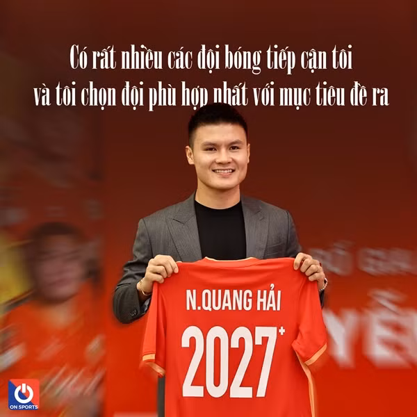 Trước thềm mùa giải 2024-2025, Quang Hải gia hạn ba năm với CLB CAHN. Nhiều thông tin cho rằng cầu thủ quê Đông Anh (Hà Nội) nhận lót tay 27 tỷ đồng (9 tỷ đồng mỗi mùa) khi ký hợp đồng mới với đội bóng ngành công an. Ảnh: On Sports