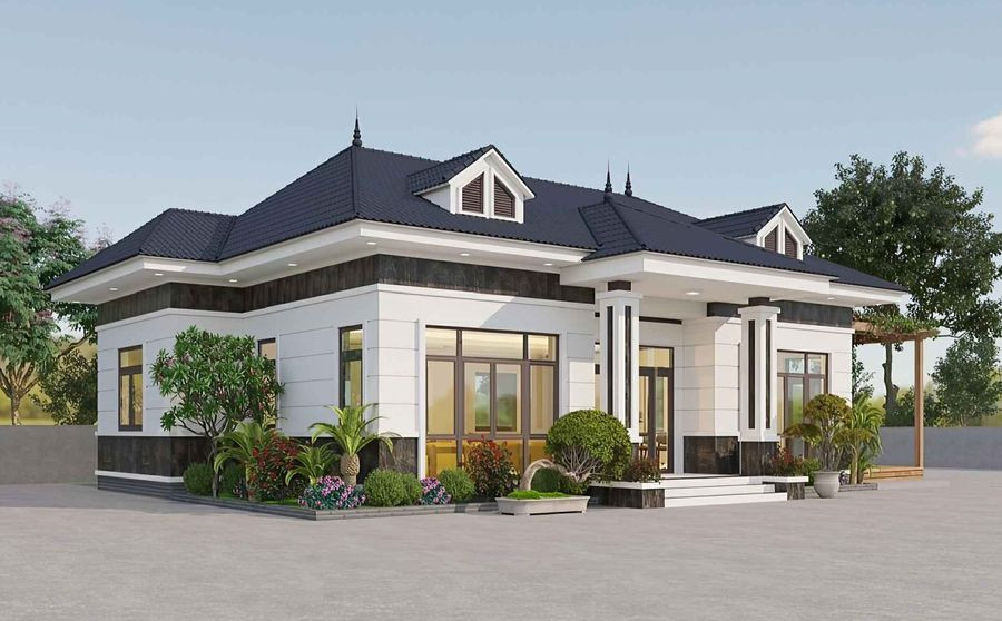 Mẫu nhà mái Nhật 1 tầng 4 phòng ngủ phù hợp với gia đình đông người. Với mẫu này, gia chủ có thể phân tách không gian theo kiểu 2 phòng ngủ đối xứng 2 bên nhà, không gian ở giữa là nơi dành cho những khu vực sinh hoạt chung như phòng khách, phòng bếp, phòng ăn. Ảnh: Decoxdesign