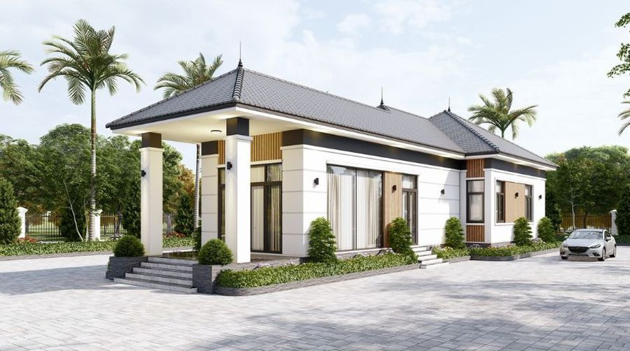 Mẫu nhà mái Nhật 1 tầng xây theo lối kiến trúc hiện đại với sân vườn rộng rãi, đón đầu xu hướng thiết kế. Ảnh: Decoxdesign