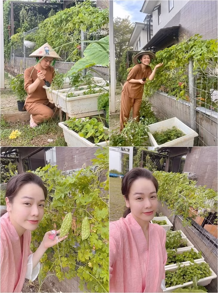 Nhật Kim Anh thích thú khi hóa "nông dân" trong vườn nhà. Ảnh: FB Nhật Kim Anh