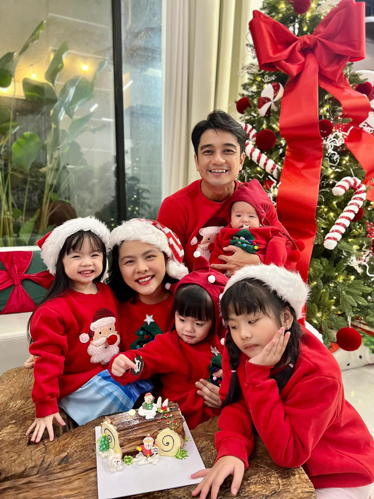 Mới đây, diễn viên Vân Trang tung bộ ảnh gia đình tạo dáng bên cây thông Noel cao 3 mét thu hút sự chú ý của khán giả. Ảnh: FB Vân Trang