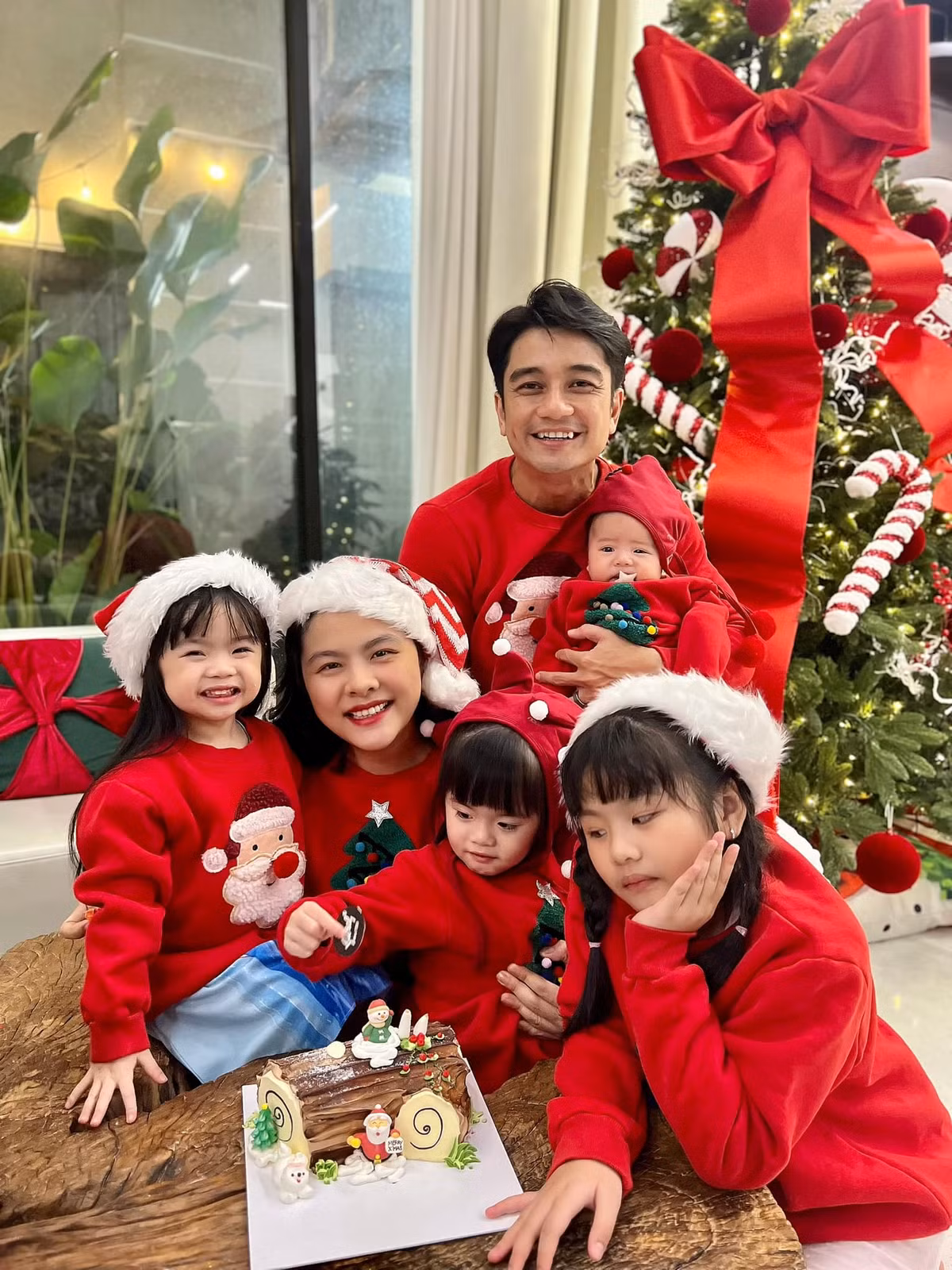 Mới đây, diễn viên Vân Trang tung bộ ảnh gia đình tạo dáng bên cây thông Noel cao 3 mét thu hút sự chú ý của khán giả. Ảnh: FB Vân Trang