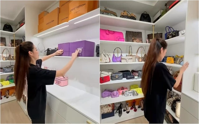 Phía bên trong phòng ngủ là phòng để đồ của Khánh Vân. Tại đây, người đẹp cất giữ 2 chiếc vương miện trong hộp và những món đồ thời trang khác. Ảnh chụp màn hình