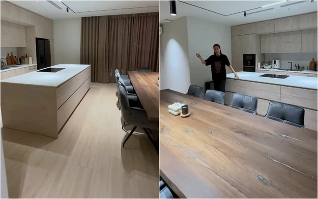 Bếp là không gian Khánh Vân suy nghĩ, trăn trở nhiều, từ khâu chọn mẫu, chọn kiểu, thiết kế, màu gỗ, màu sàn, bàn ăn, và tất cả các thiết bị. Ảnh chụp màn hình