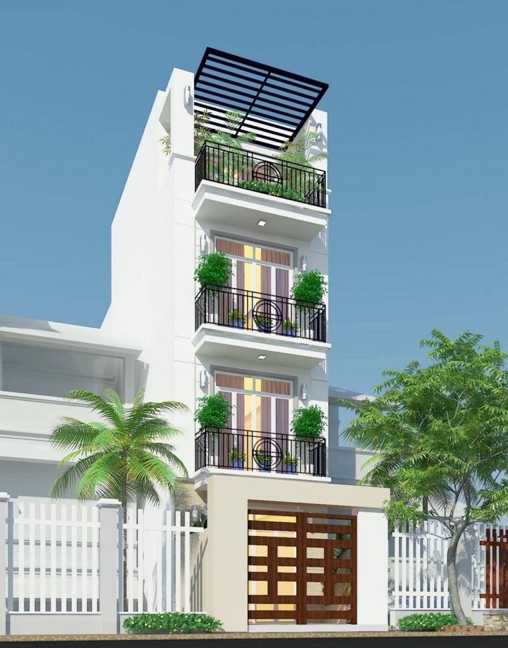 Không quá cầu kỳ nhưng ngôi nhà vô cùng hiện đại nhờ khoác lên mình gam màu trắng tinh khôi. Các tầng đều được bố trí ban công và cây xanh. Ảnh: Wedo