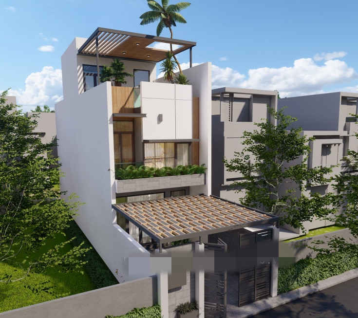 Nhà phố 3 tầng có sự kết hợp vẻ đẹp cá tính của đá, sự mộc mạc của gỗ tự nhiên và mảng xanh tươi mới. Ảnh: Datthu