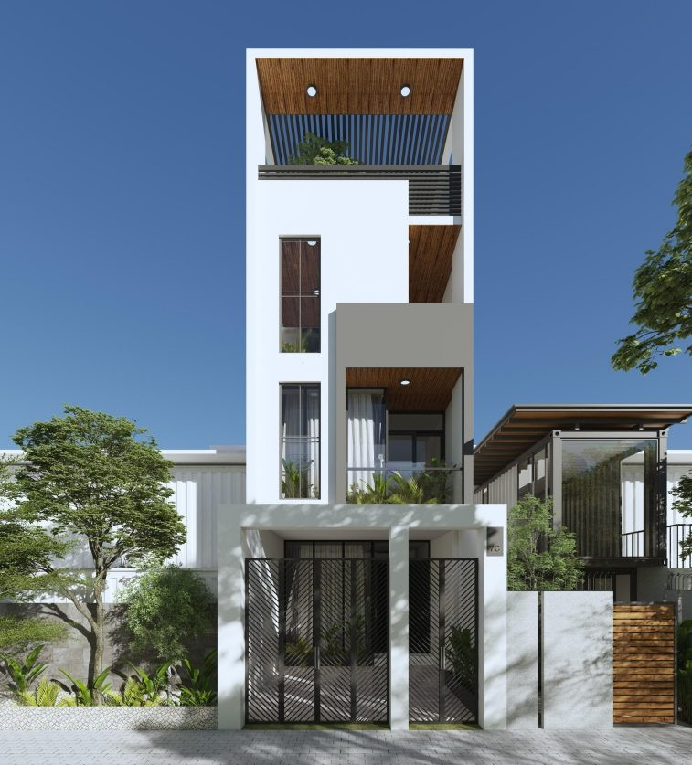 Với bề ngang trên 5 mét, ngôi nhà có thể dễ dàng thiết kế với nhiều cách trang trí như sử dụng sơn, ốp đá, ốp gạch, tạo chỉ nổi...Ảnh: Song phát construction