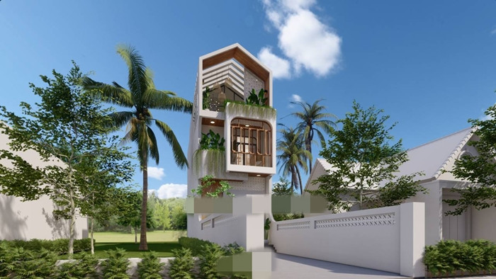 Nhà ống 3 tầng 1 tum thiết kế mái chữ A, kết hợp hình khối và vật liệu bản địa. Gạch bông gió giúp cho việc thông gió và lấy nắng hiệu quả hơn. Ảnh: Datthu