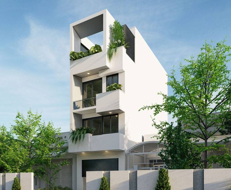 Mẫu nhà 3 tầng 1 tum mang phong cách tối giản, sử dụng các hình khối đơn sắc. Tại các tầng, hệ thống cửa và ban công bằng kính cường lực giúp đón nắng gió và hạn chế bí bách. Ảnh: Datthu