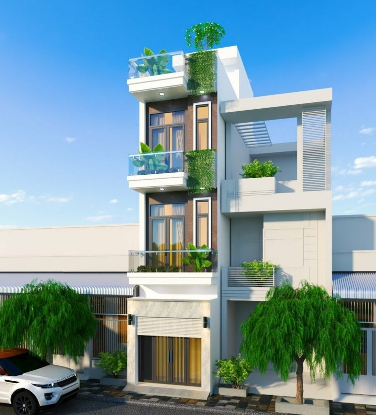 Với diện tích 3mx14m7, sân 2m, nhà ống 3 tầng thiết kế 3 phòng ngủ thoáng sáng nhờ ban công cửa sổ và giếng trời nhỏ phía sau nhà. Mặt tiền ốp gạch với bồn hoa cây xanh làm điểm nhấn. Ảnh: Song phát construction