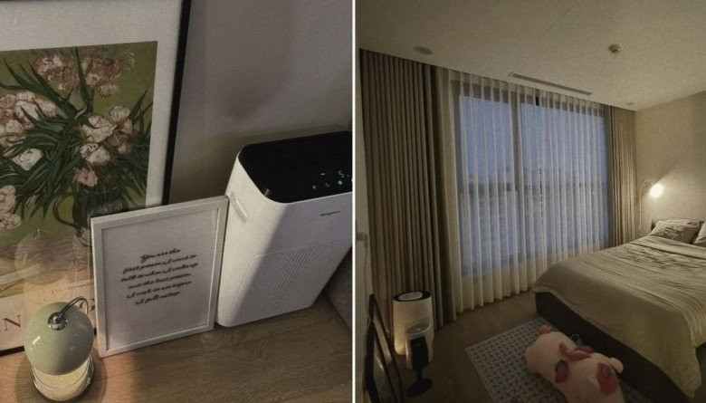 Phòng ngủ ấm áp, có cửa kính lớn lấy ánh sáng và được tô điểm bởi bức tranh nhỏ xinh. Ảnh: FB Mai Ngoc