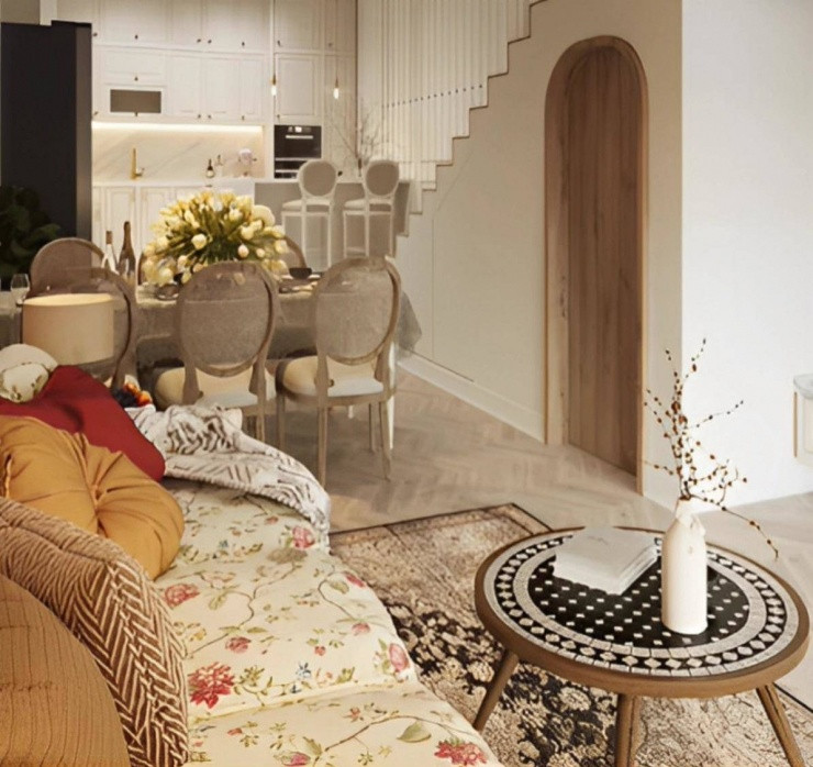 Phòng khách thiết kế thông với phòng bếp mang lại không gian ấm cúng, hiện đại. Ảnh: Instagram