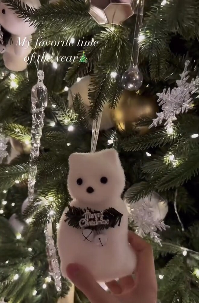 Cây thông Noel được trang trí cầu kỳ với quả châu, bông tuyết và thú nhồi bông. Ảnh chụp màn hình