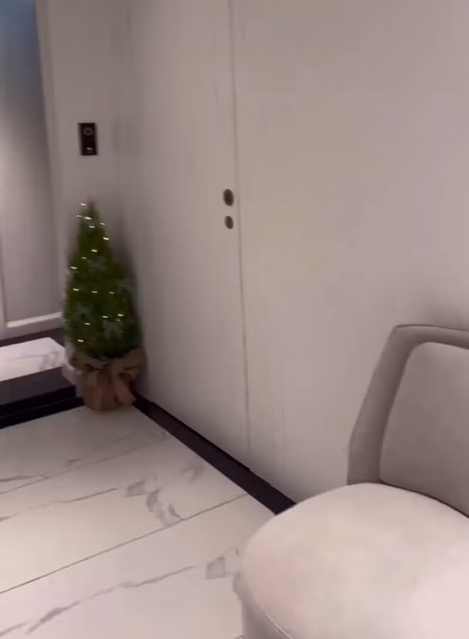 Lối vào được bài tri ghế bành màu xám, tủ trang trí nhỏ và cây thông mini xinh xắn. Ảnh chụp màn hình