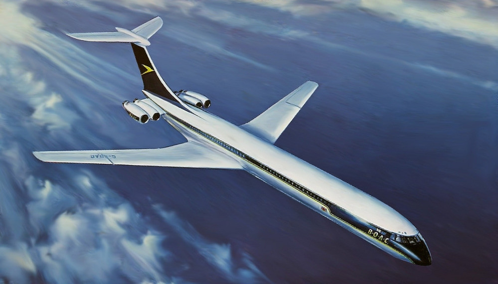 VC10 do Anh chế tạo được cho là máy bay chở khách phản lực cận âm đẹp nhất từng được chế tạo. Đây là một cỗ máy thanh lịch với những đường nét hoàn hảo, uyển chuyển. VC10 là máy bay chở khách phương Tây duy nhất từng sử dụng cấu hình 4 động cơ lắp phía sau, một đặc điểm làm nổi bật vẻ ngoài gọn gàng, hợp lý. Ảnh: Sunshineskies