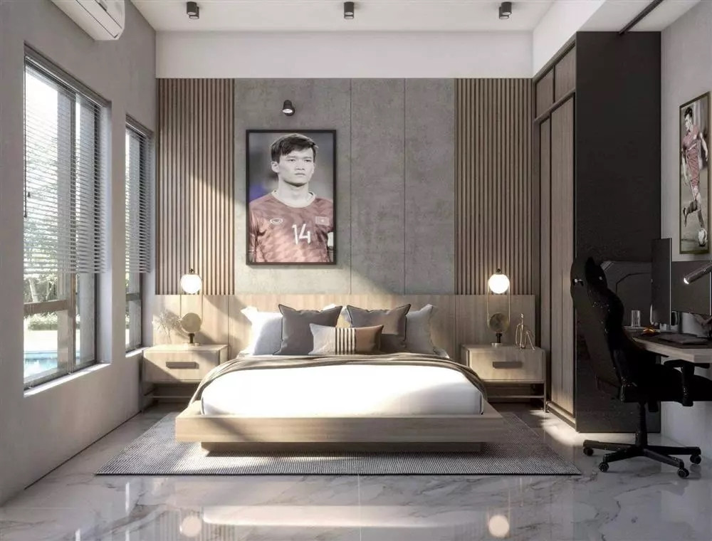 Căn phòng của Hoàng Đức thiết kế theo phong cách chuẩn châu Âu, lấy tông trắng chủ đạo. Ảnh chụp màn hình