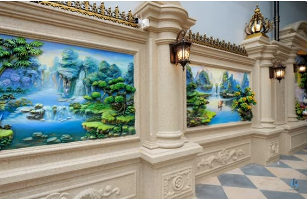 Toàn bộ phần tường bên ngoài cổng được sơn phủ hiệu ứng giả đá. Ảnh chụp màn hình NhaF