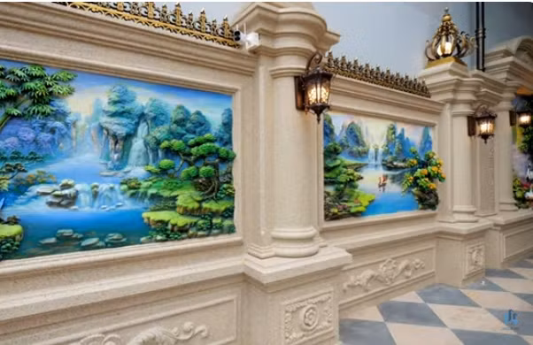 Toàn bộ phần tường bên ngoài cổng được sơn phủ hiệu ứng giả đá. Ảnh chụp màn hình NhaF