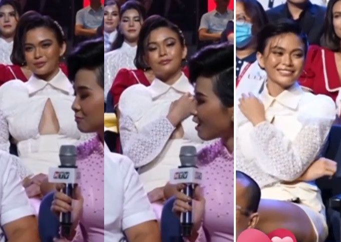 Trước đó không lâu, xuất hiện trong một chương trình giao lưu với các y bác sĩ trên truyền hình, Mâu Thủy diện chiếc đầm khoét ngực sexy. Ngồi trước góc máy quay chĩa thẳng, người đẹp đã khéo léo đưa tay lên vai để che đi phần "hớ hênh". Ảnh: TikTok MC Võ Huỳnh Tấn Tài.