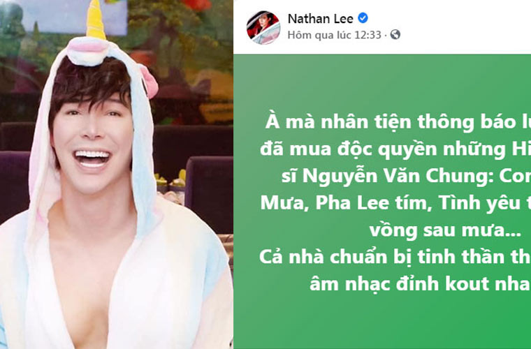 Mới đây nhất, Nathan Lee khiến nhiều người ngỡ ngàng khi mua độc quyền trọn đời loạt ca khúc hit của hai nhạc sĩ Nguyễn Văn Chung và Khắc Việt.