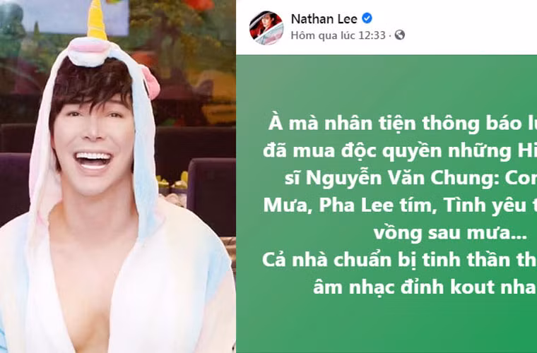 Mới đây nhất, Nathan Lee khiến nhiều người ngỡ ngàng khi mua độc quyền trọn đời loạt ca khúc hit của hai nhạc sĩ Nguyễn Văn Chung và Khắc Việt.