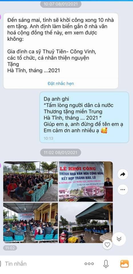 Theo đó, bà xã Công Vinh cho biết: "Tiên có chụp lại tin nhắn Tiên trao đổi với lãnh đạo Hà Tĩnh từ trước khi xây nhà, đây là tiền của người dân cả nước ủng hộ nên đừng để tên Tiên. Lãnh đạo tỉnh đồng ý nên lúc ghi trên báo Hà Tĩnh chỉ có nội dung là mạnh thường quân, cá nhân, doanh nghiệp chứ không để tên Tiên".