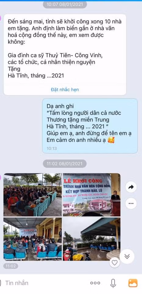 Theo đó, bà xã Công Vinh cho biết: "Tiên có chụp lại tin nhắn Tiên trao đổi với lãnh đạo Hà Tĩnh từ trước khi xây nhà, đây là tiền của người dân cả nước ủng hộ nên đừng để tên Tiên. Lãnh đạo tỉnh đồng ý nên lúc ghi trên báo Hà Tĩnh chỉ có nội dung là mạnh thường quân, cá nhân, doanh nghiệp chứ không để tên Tiên".