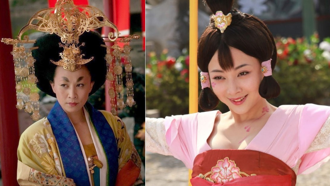 Tạo hình Võ Tắc Thiên phiên bản già của Lưu Gia Linh trong phim điện ảnh "Địch Nhân Kiệt" và phiên bản trẻ của Ân Đào trong phim "Võ Tắc Thiên bí sử" khiến người xem "phát hoảng" vì vẻ ngoài kém thanh thoát. Ảnh: Weibo, cắt clip.