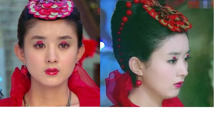 Vào vai nàng cá chép tinh nghịch Hồng Lăng trong "Truy ngư truyền kỳ", Triệu Lệ Dĩnh một lần nữa bị người hóa trang "hại" đến thê thảm khi vẽ thêm 2 chấm đỏ trên mắt và đội thêm "bộ vảy" lên đầu để làm "cá chép hóa người". Ảnh: Weibo.