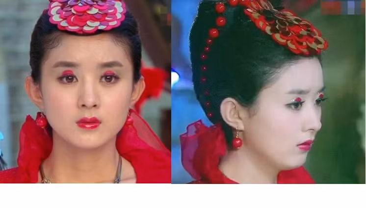 Vào vai nàng cá chép tinh nghịch Hồng Lăng trong "Truy ngư truyền kỳ", Triệu Lệ Dĩnh một lần nữa bị người hóa trang "hại" đến thê thảm khi vẽ thêm 2 chấm đỏ trên mắt và đội thêm "bộ vảy" lên đầu để làm "cá chép hóa người". Ảnh: Weibo.