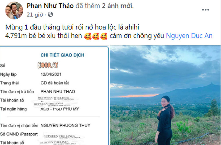 Mới đây cựu người mẫu Phan Như Thảo khoe trên trang cá nhân cô được chồng đại gia tặng một mảnh đất rộng gần 5.000m2.