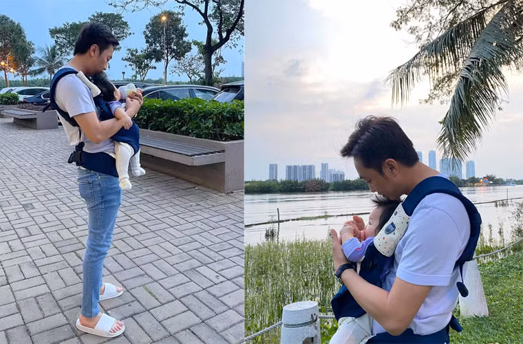 Bố Cường rất khéo bế Suchin và ra dáng ông bố bỉm sữa.